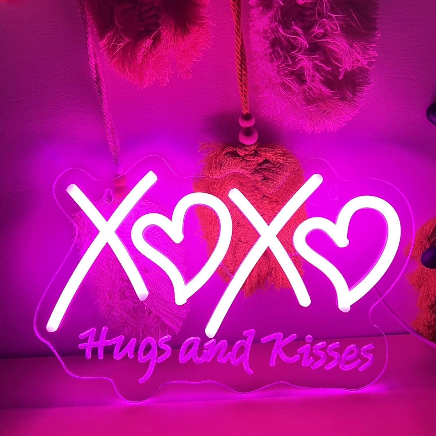 Neon Sign Party - XOXO ネオンサイン。抱擁とキスを表現した、USB電源式の調光可能なLEDネオンライト。寝室、バレンタインデー、結婚式、パーティーの装飾に。ロマンチックなギフトとしても最適。