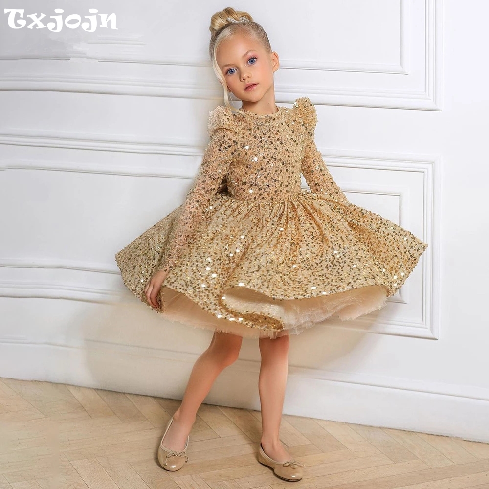 Glitter Tablecloth - ゴールデンスパンコールチュールプリンセスドレス女の子の誕生日パーティーダンスパフォーマンスふくらん長袖ドレス結婚式のゲストの服