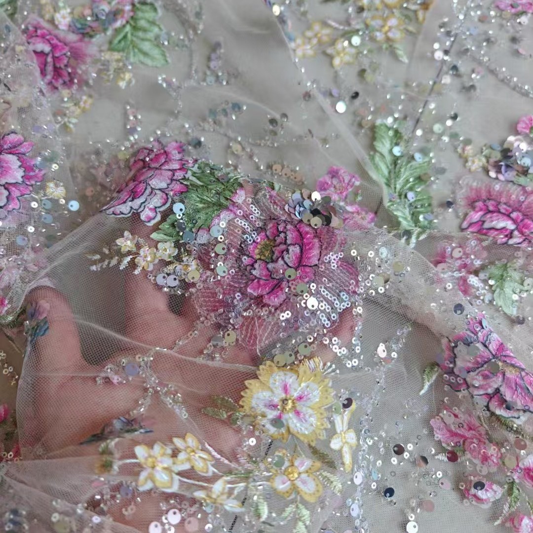 Glitter Tablecloth - 1 メートル 120 センチメートル幅高級ビーズレース生地 3D 刺繍スパンコールスプレー塗装ソフトチュールメッシュテキスタイルドレス作成用