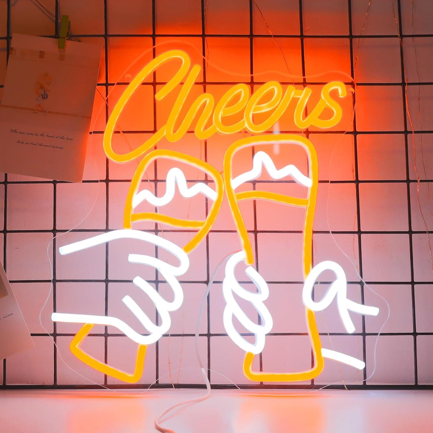 Neon Sign Party - 「Cheers」の文字が入ったカクテルネオンサイン。USB接続で調光可能なLEDライト。ご自宅のバー、男性の趣味の部屋、カクテルパーティー、結婚式、クラブなどのテーマに合わせた壁飾りやギフトに最適。