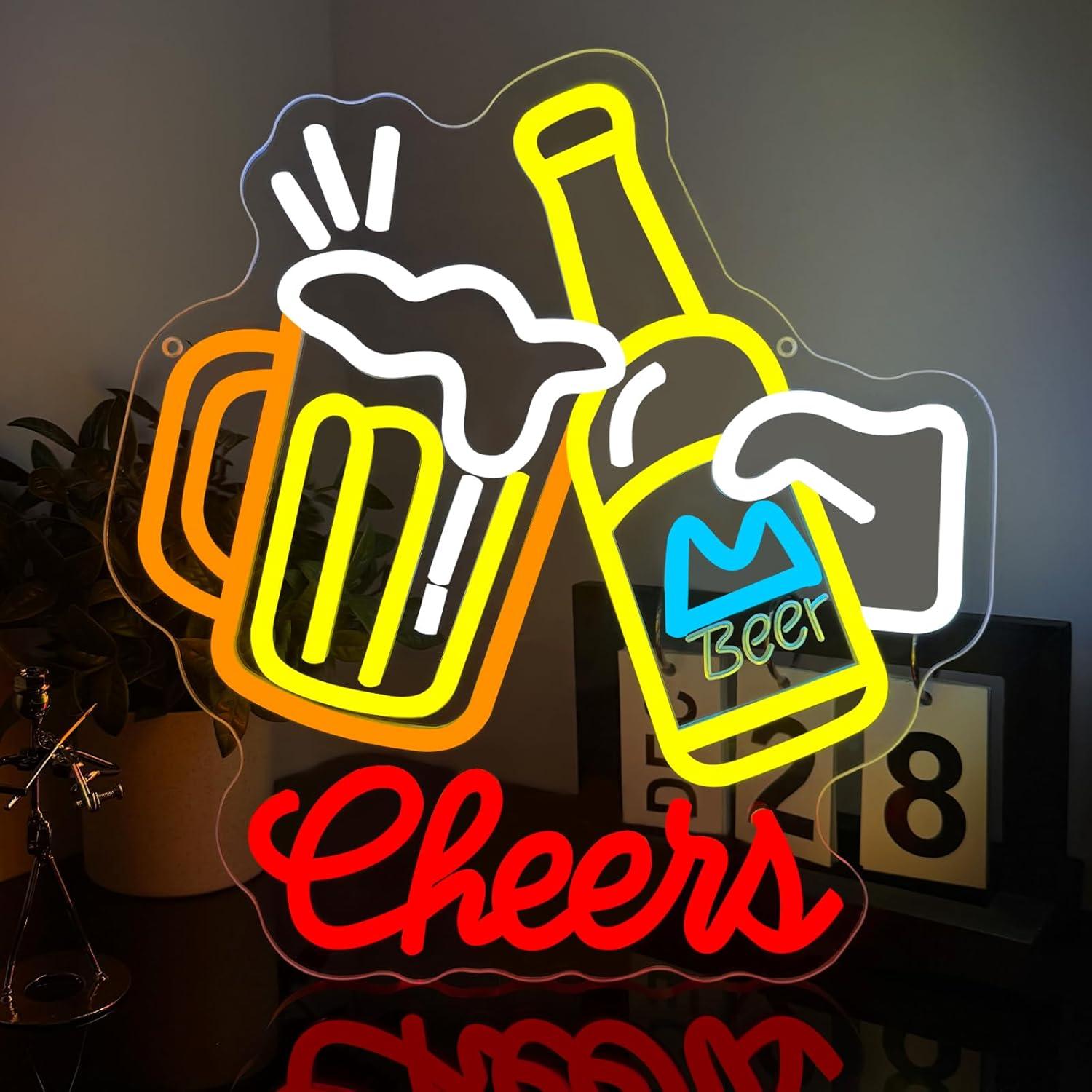 Neon Sign Party - 「Cheers Beer」のネオンサイン。調光機能付きUSB LEDライト。ご自宅のバー、パブ、趣味の部屋、寝室の壁の装飾に。ビール好きのためのパーティーアートサイン、壁掛けライト。